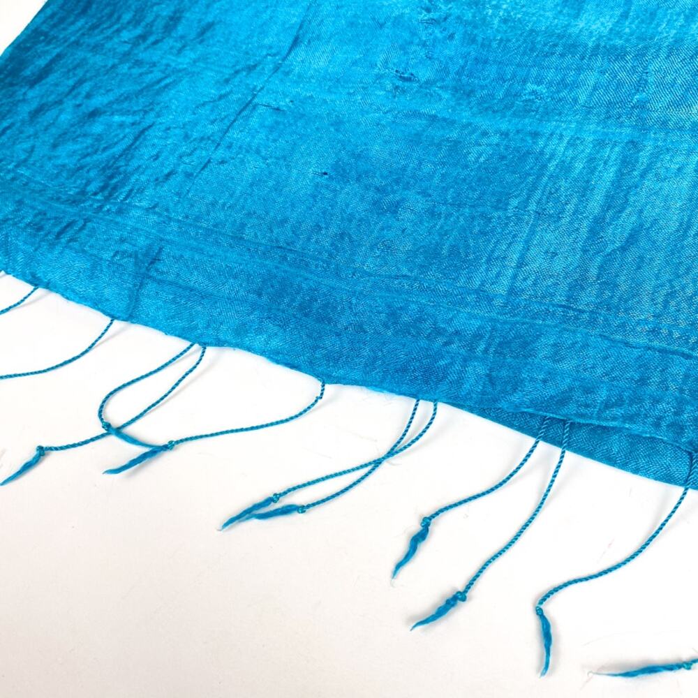 Teal Scarf 100% Silk Rectangle Fringe Scarf - Picture 5 of 5